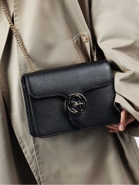 Gucci Black Calfskin Leather Interlocking GG  Bag